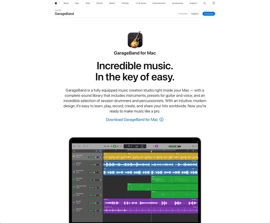 GarageBand displayed on the apple website. The GarageBand AutoTune is a valuable feature of the DAW.