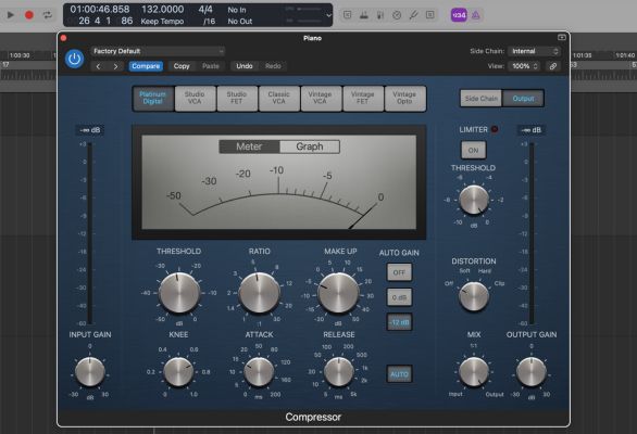 How to eq piano like a pro: Example settings for applying compression as needed using Logic Pro's stock compressor plug-in.