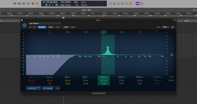 Screenshot of Logic Pro's stock EQ plugin while sweeping through high mid frequencies.