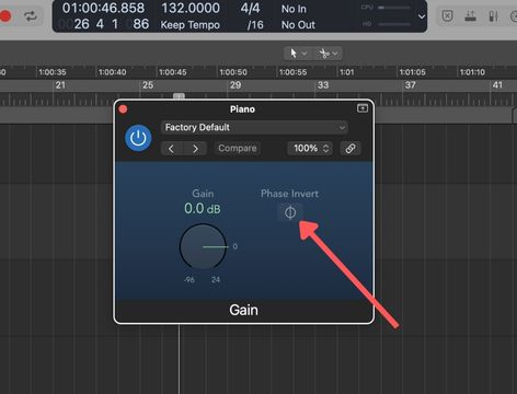 How to eq piano like a pro: Example settings of Phase Invert using a stock plugin in Logic Pro.