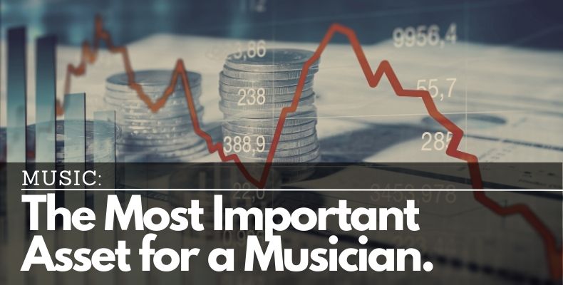 A price chart and a pile of coins, visually representing the fact that music is the most important asset for a musician.