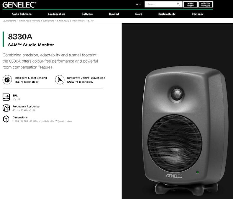 The Genelec 8330A studio monitors delver detailed sound across the frequency range. When set up with the Genelec SAM room correction software, they provide a clear, defined mixing experience.