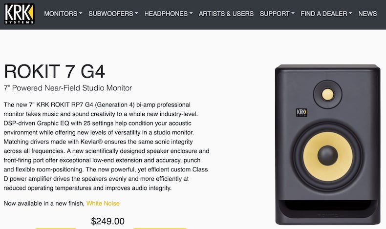 KRK RP7 Rokit G4 is the latest studio monitor offering from this classic professional speaker company. It takes studio monitoring to a new level with kevlar aramid fiber drivers and a built-in graphic eq.