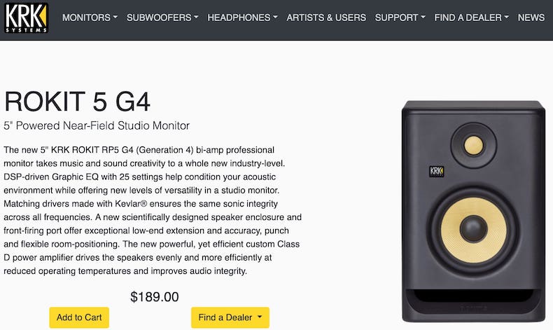 KRK Rokit 5 G4 is the latest generation bi-amp professional studio monitor from this classic company. It features a 5" kevlar aramid fiber woofer and a 1" kevlar aramid fiber tweeter.