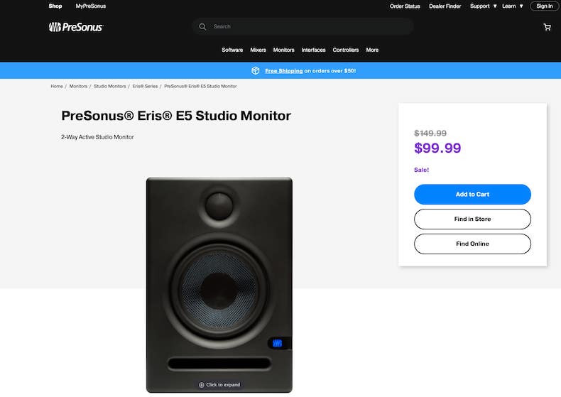 Presonus Eris E5 Studio Monitor offers quality sound at a truly budget-friendly price. The 5.25" kevlar driver and 1" silk dome tweeter provide a flat frequency response that works well for many musical genres.
