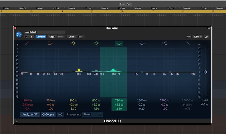 EQ added body and harmonics boosts at around 400Hz and 800Hz