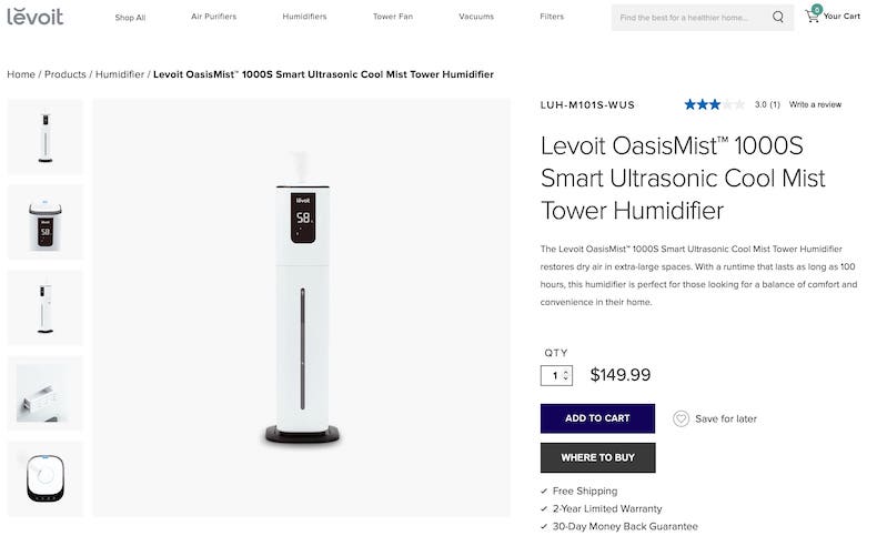 Levoit OasisMist 1000S Smart Ultrasonic Cool Mist Tower Humidifier