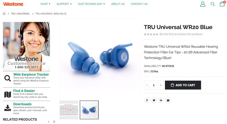 Westone TRU Universal WR20 Blue Earplugs