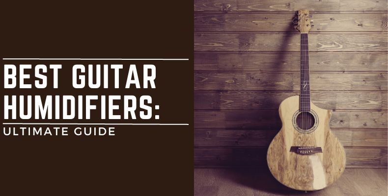 Top 11 Best Guitar Humidifiers: an acoustic guitar leaning against a wooden wall.