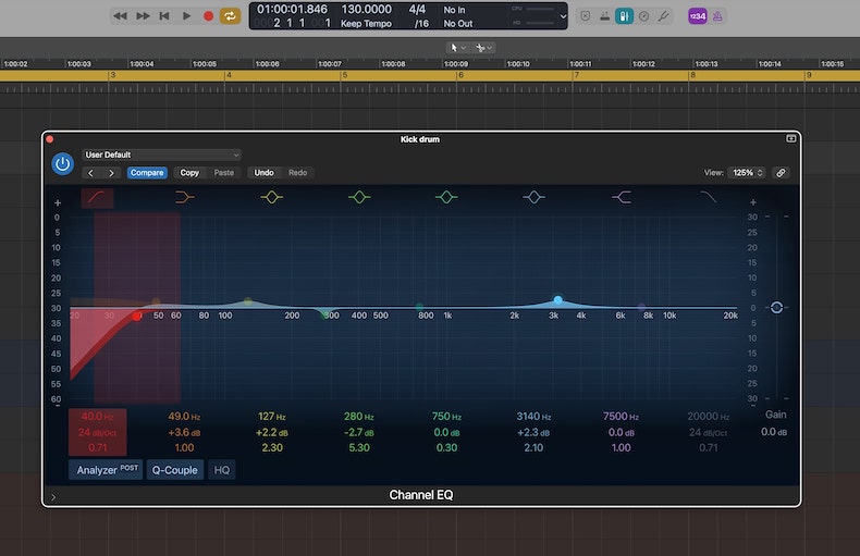 Screenshot of Logic Pro's stock EQ plugin with a high-pass filter highlighted