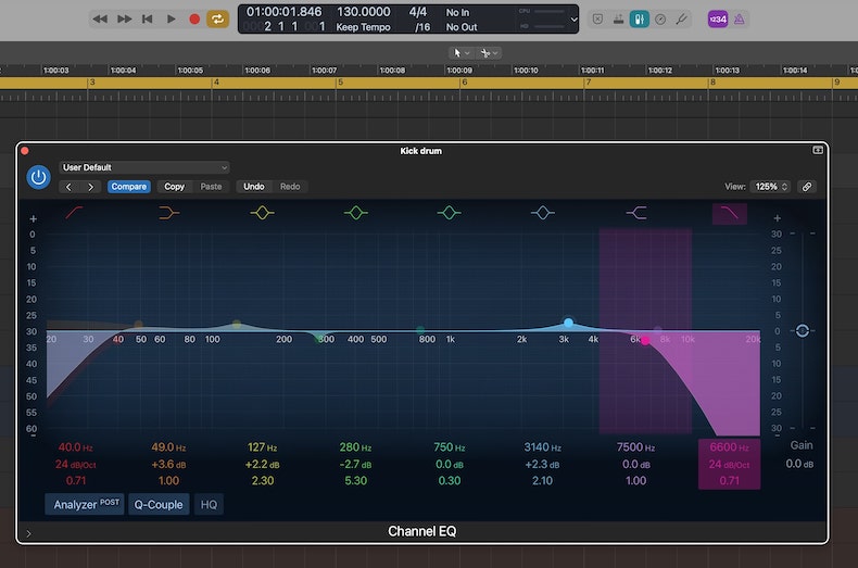 Screenshot of Logic Pro's stock EQ plugin with a low-pass filter highlighted