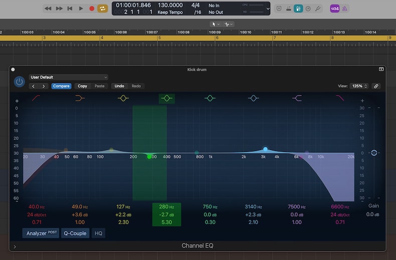Screenshot of Logic Pro's stock EQ with a subtractive filter highlighted.