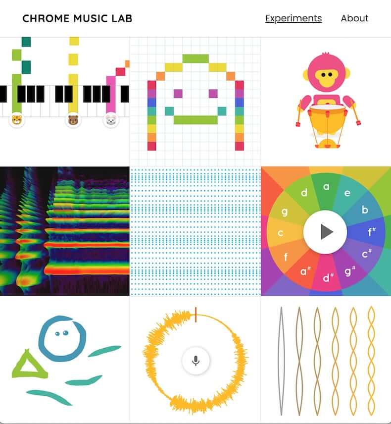 Chrome Music Lab: each of Chrome Music Lab's tools side by side.