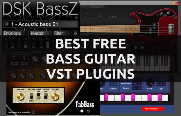 Top 11 Best Free Bass Guitar VST Plugins shown side by side in a Digital Audio Workstation