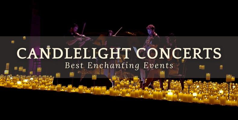 Candlelight Concerts: A string quartet performing on a stage with candles light all around them.