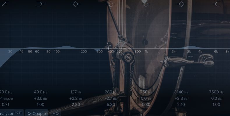 A kick drum EQ from Logic Pro visible with a kickdrum in the background.