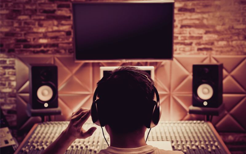 How to Produce Music: a music producer working in a recording studio, in front of a mixing console and wearing headphones.