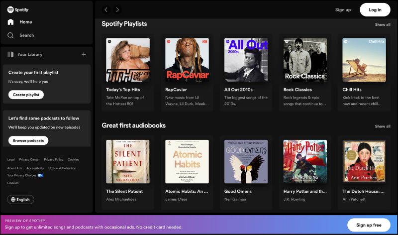 How to Use the Spotify Web Player: Interface of the Spotify web player with playlists and audio books listed.