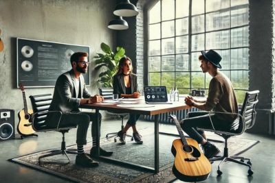 The Business Side of Things. Artist having a meeting with his manager and their personal assistant.