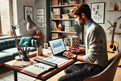 Create a Business Plan. Artist working on his business plan at his home office desk.