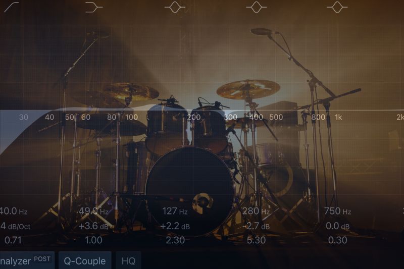 How To EQ Drums: A screenshot of a EQ plugin overlaid a drumkit in the background