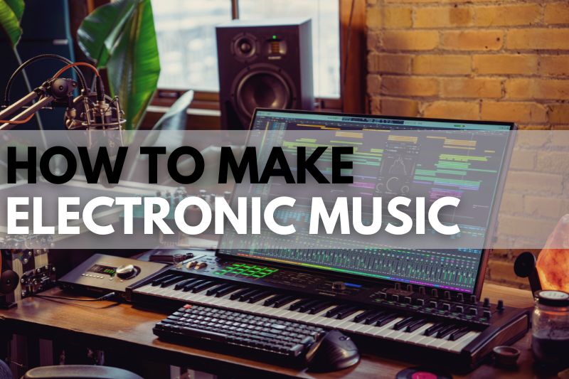 How To Make Electronic Music: A home studio setup with a monitor, keyboard, monitor speakers and audio interface.