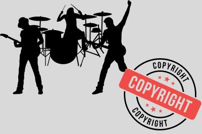 A band playing in the background with a copyright logo up front