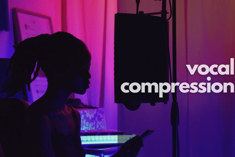 Vocal Compression: A singer getting ready to sing in a recording studio with a microphone in front of her, holding her phone for notes on the lyrics.