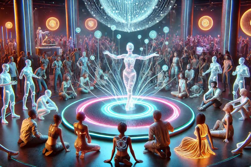 Future music trends: Futuristic image of people at a yet to be created genre of music concert at a future date some day.