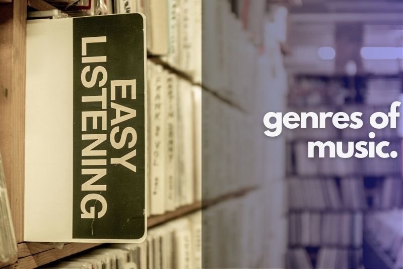 Genres Of Music: Shelves full of records in a record store with genres listed on labels.