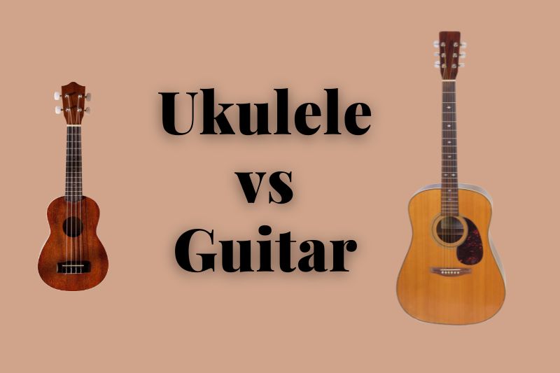 Ukulele vs Guitar: Picture of an ukulele and an acoustic guitar.