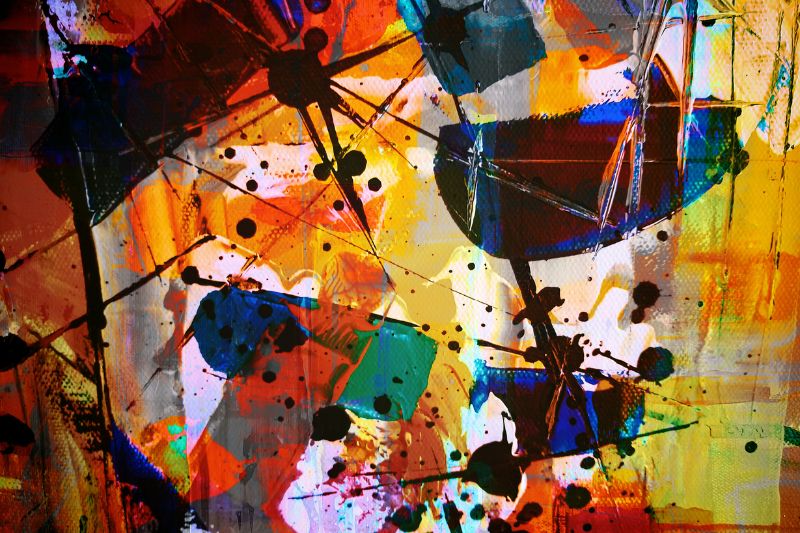Acolorful painting with black dots and lines. showing a range of colors just like a musical piece features a range of musical colors.