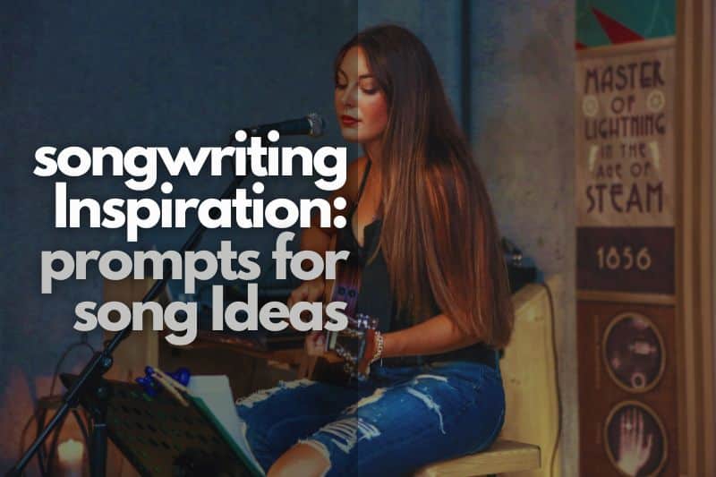 Songwriting inspiration: a songwriter sitting with her guitar in front of a microphone and a music stand