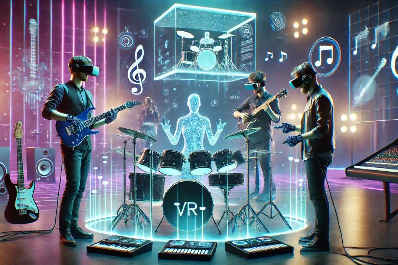 Musicians playing together in an imaginary future firtual reality setup.