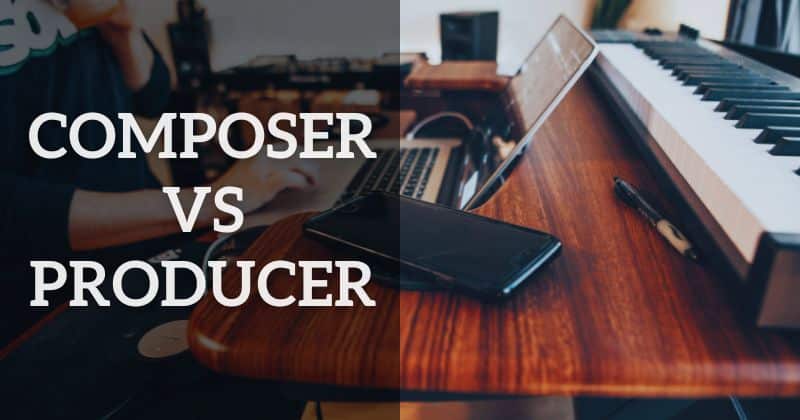 Composer vs producer: a composer working in their studio with their laptop and music keyboard in front of them.